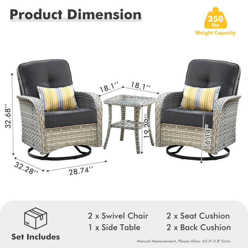 Heshum 3 Piece Rattan Seating Group With Cushions, Black