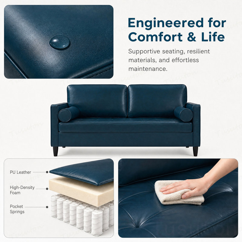 Canapé en cuir de conception classique, similicuir respirant avec coussin de siège capitonné et pieds en bois massif