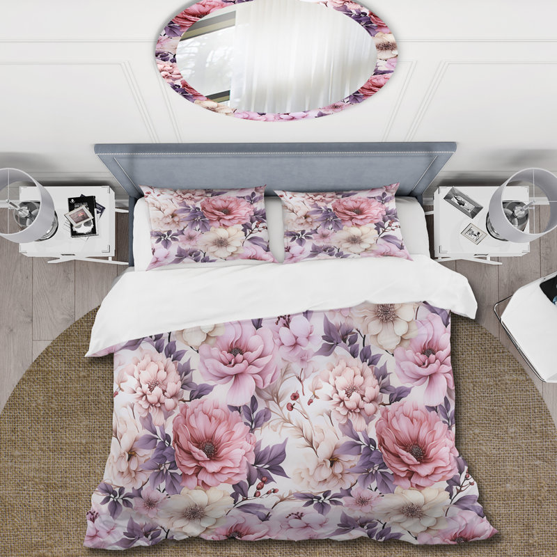 Ensemble de housse de couette motif floral printanier fleurs mauves II, Housse de couette pour très grand lit et 2 très