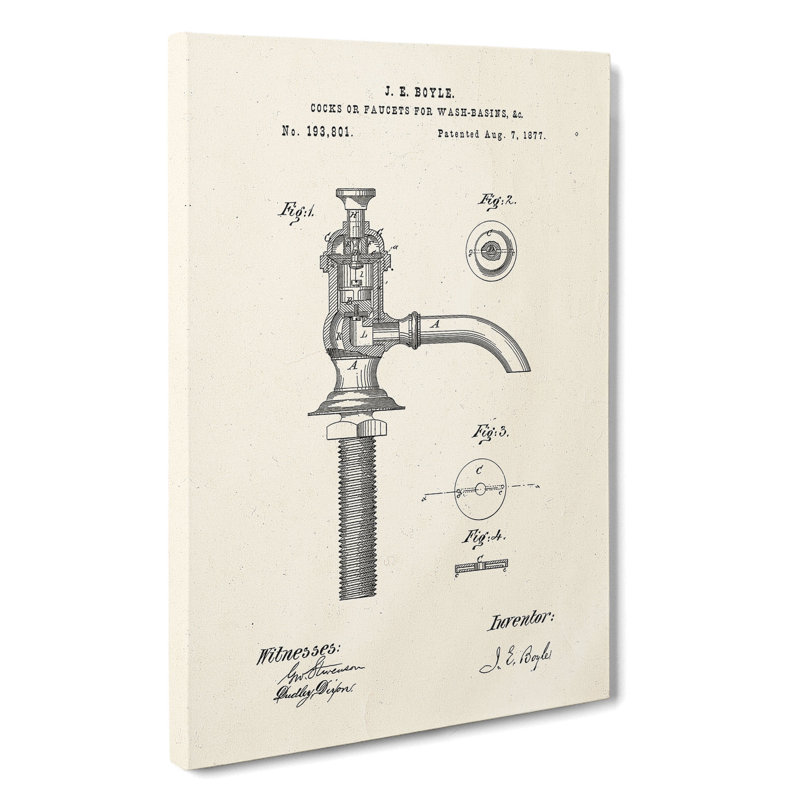 Water Faucet Tap Patent - Wrapped Canvas Print, 91cm H x 60cm W x 3cm D