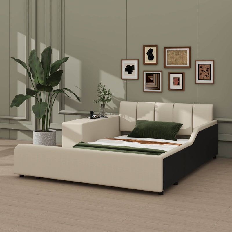 Full Size Floor Bed With Upholstered Finish, Combined Mother & Child Bed With Nightstand And Small Round Stool, Beige, Full