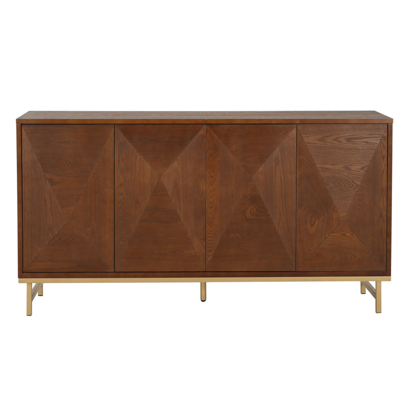Eugene Modern Glam Sideboard With Geometric Faceted Doors And Gold Metal Base, Brown