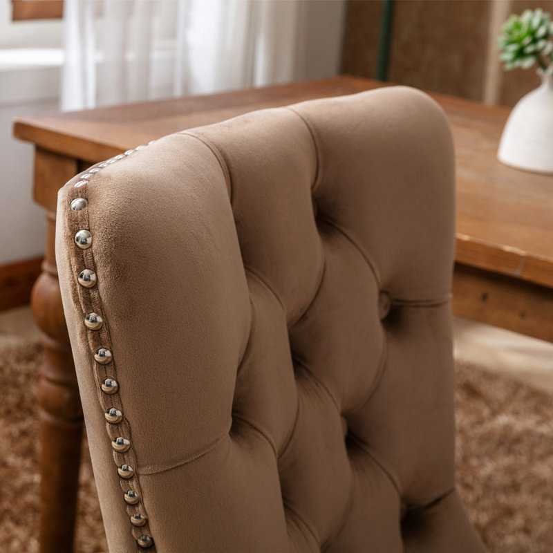 Chaise de salle à manger rembourrée en velours moderne avec anneau à tirer (ensemble de 2), Kaki, Brun