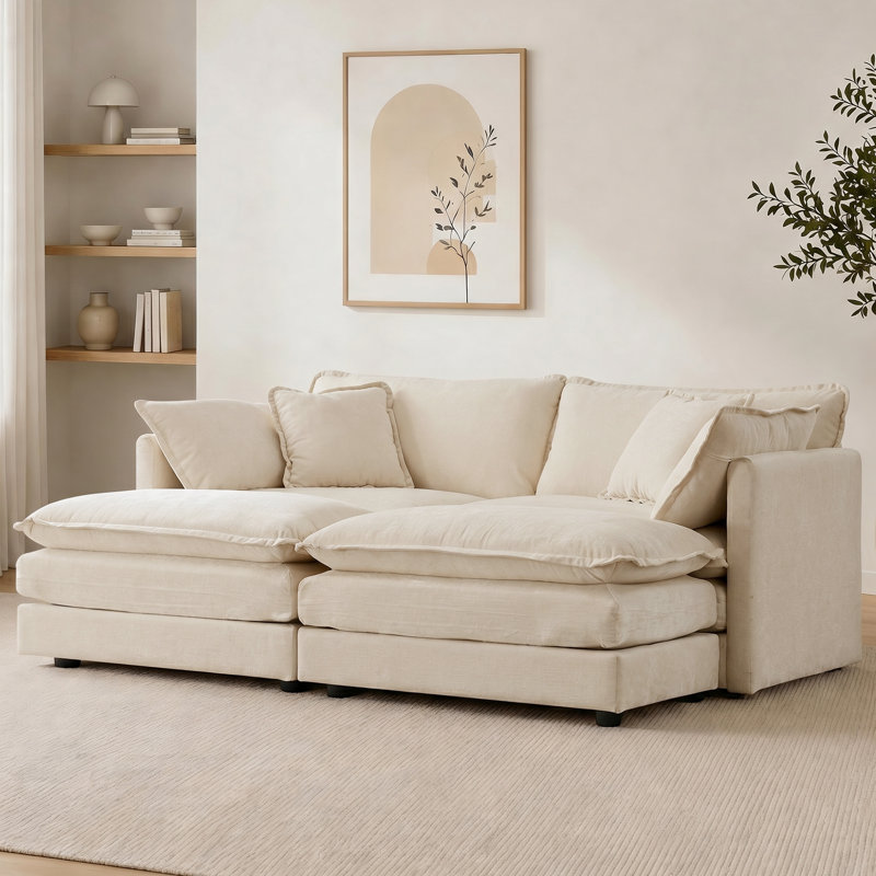 Ensemble de 4 pièces en chenille avec 2 repose-pieds, Chenille café clair