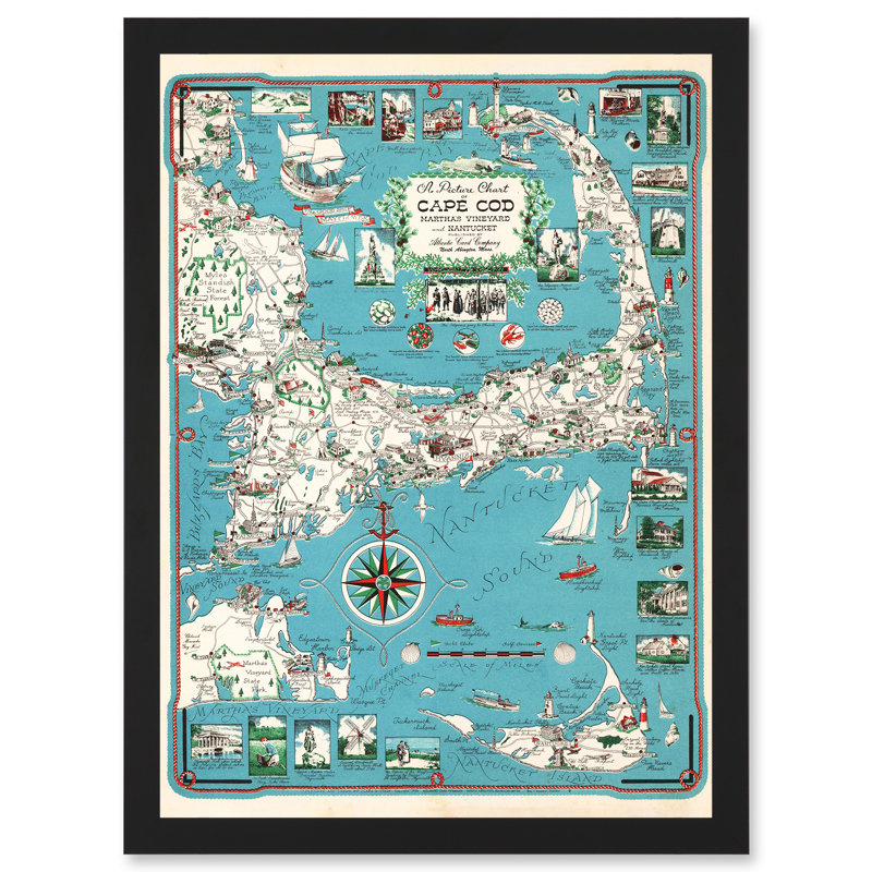 1949 Cape Cod Nantucket Massachusetts Pictorial Map Chase - Single Picture Frame Art Prints, 9.21''W x 12.72''H