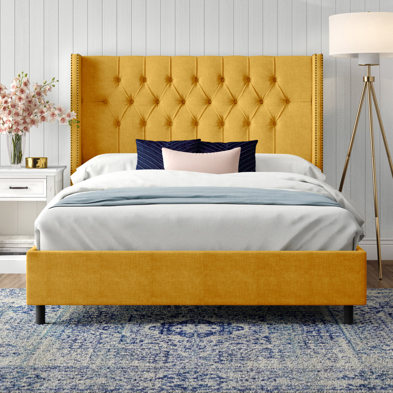 Lit tapissier standard Breckin, Très grand californien, Zuma Navy Textured Linen