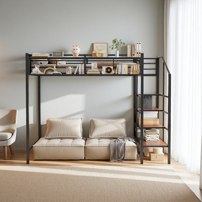 Twin Size Metal Loft Bed With Upper Grid Storage Shelf And Lateral Storage Ladder, Black