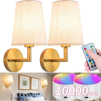 Applique murale à piles avec télécommande, ensemble de deux appliques murales à piles à intensité variable, lampe murale d'intérieur sans fil avec ampoule rechargeable pour le salon de la chambre à coucher