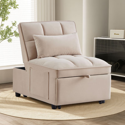 Modren Velvet Upholstered Convertible Futon Chair with Side Storage Pockets