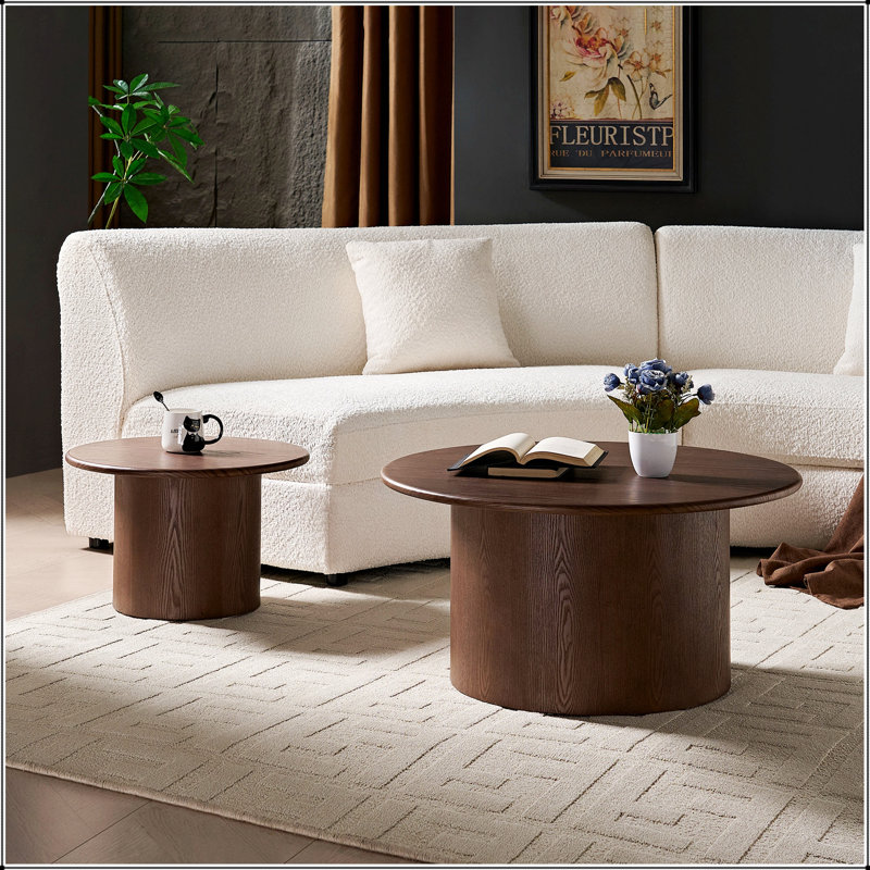 Ensemble de 2 tables basses polyvalentes rondes en panneau de fibres à densité moyenne pour le salon, idéal pour les espaces modernes et compacts, parfait pour les aménagements élégants.