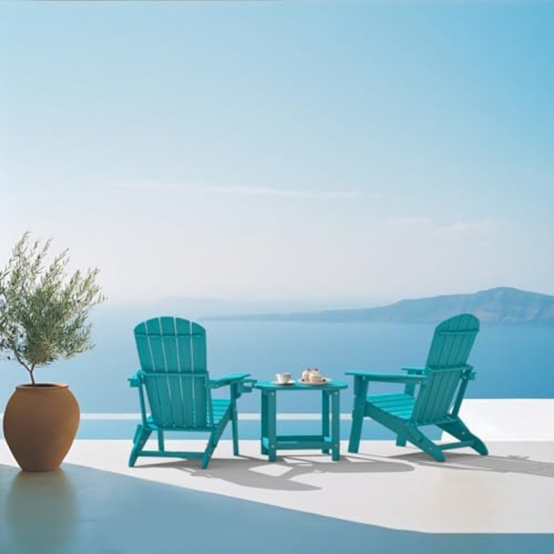 Folding Adirondack Chair, SGS Tested, Wooden Textured With Cup Holder, Heavy All-Weather HDPE Comfortable Set Poolside Backyard Lawn Aruba Blue Set 2
