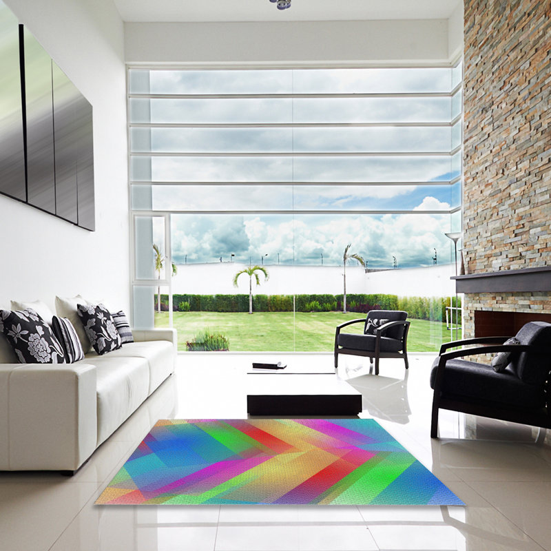 Tapis bleu/rouge/bleu à motif, Carré 7 pi