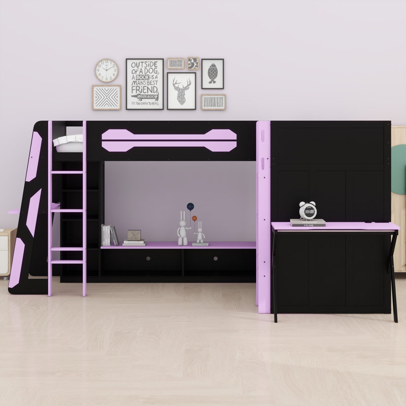 Lit superposé avec éclairage DEL RVB, configuration en L et rangement intégré pour les configurations de jeu., Mauve