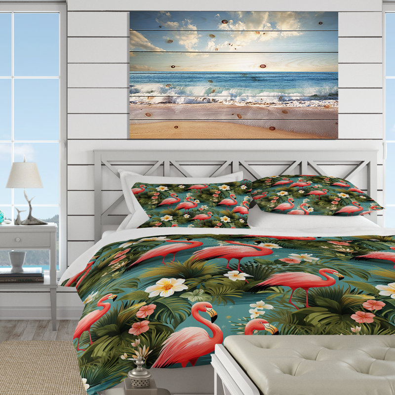 Tropical Flamingo Paradise Twin Duvet Cover Set in Pink and Green