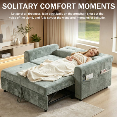 KOUBENHAN Modern Tufted Gray Sofa Bed with USB Charging Port & Side Storage Pockets, Convertible Couch for Living Room or Guest Room, Grey Chenille Fabric
