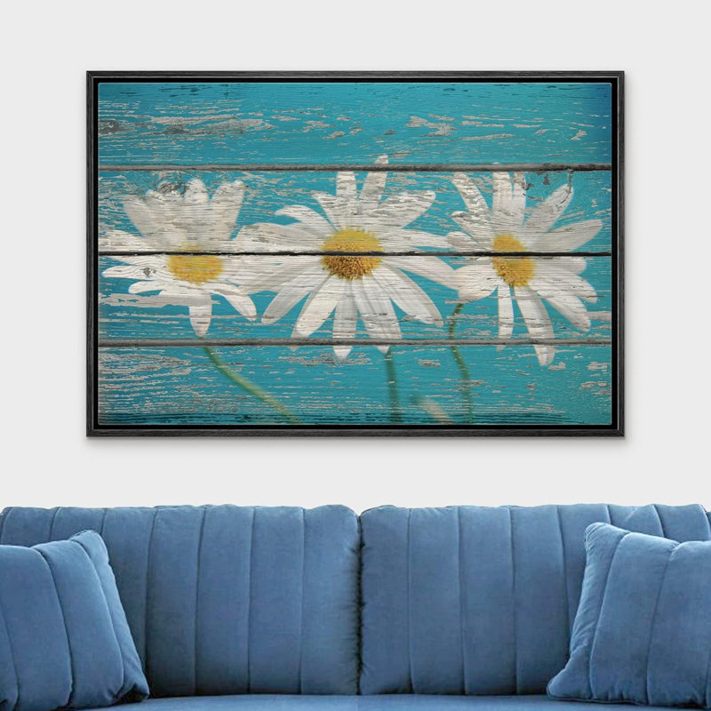 Art rétro sur toile effet fleurs de marguerite rétro sur fond en bois, Cadre flottant noir, H 16 po x l 24 po x 1,5 po