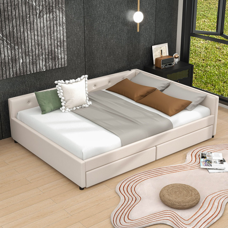 Lit de jour rembourré en bois 2 tiroirs avec ports USB, Grand lit