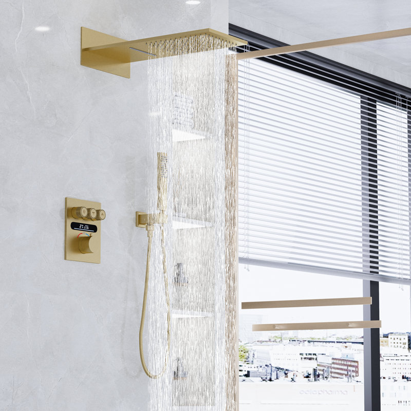 Système de douche thermostatique numérique brossé or avec pomme de douche à pluie murale, douchette à main et garniture de valve en laiton cUPC
