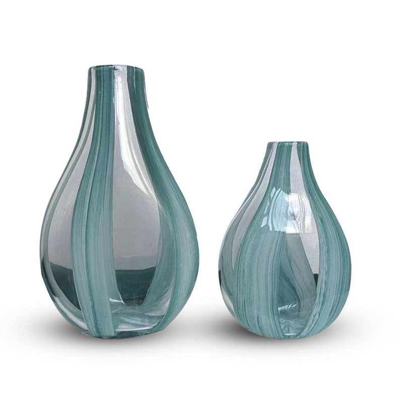 Mia Teardrop Striped Handblown Glass Vase Set-Striped Artistry for Your Home, Green