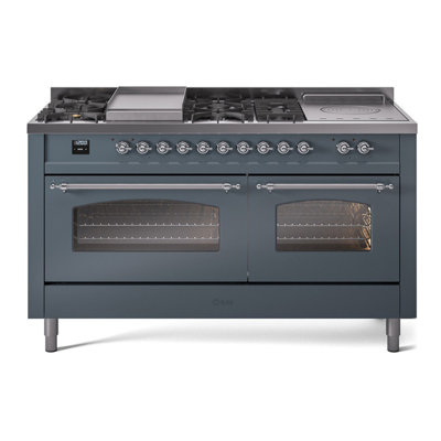 Cuisinière à double combustible de 60 po avec 5 brûleurs scellés, plaque chauffante et porte française ILVE Nostalgie II Series