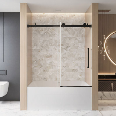 Frameless Single Sliding Shower Door 56-60 "W X 60" H, 1/4 "(6 Mm) Clear Tempered Glass, Explosion Proof Film, Stainless Steel Handle,Square Tube Track