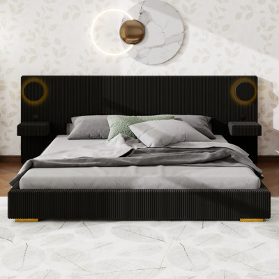 Cadre de lit plateforme rembourré avec tête de lit DEL, cadre de lit nuage moderne avec lampes de lecture rondes et rangements de chevet