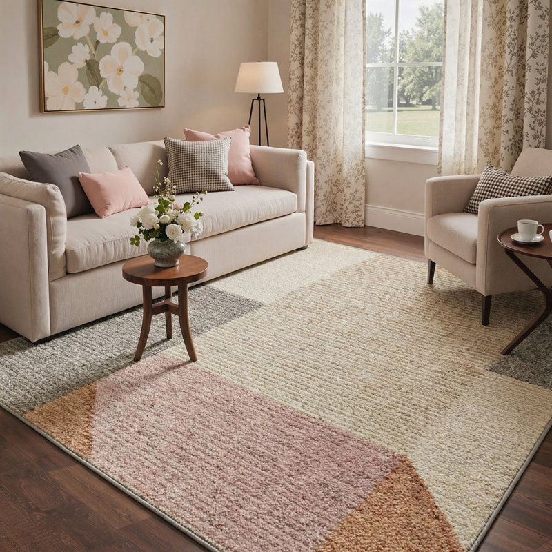 Abdellah Modern Geometric Machine Washable Pink/Beige/Grey Indoor Area Rug With Non-Slip Backing, Rectangle 6' x 9'