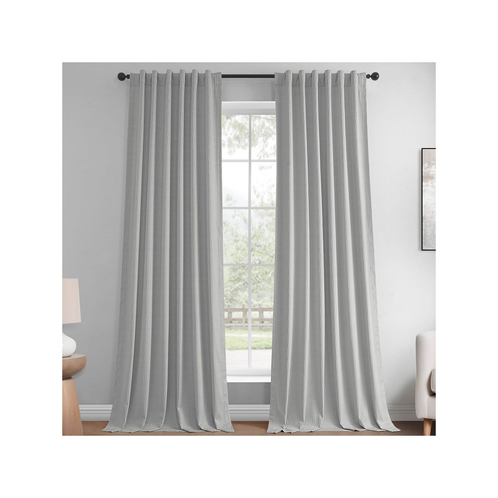 Akieba Lines Velvet Room Darkening Curtains, Silver, 50" W x 108" L