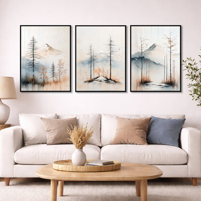 Minimal Winter Mountain Reflection – Mountain Framed 3 Piece Wall Decor