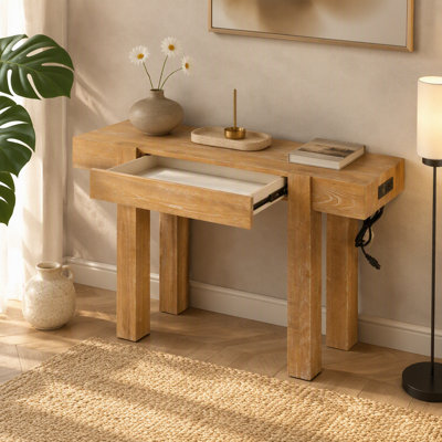 Console rustique minimaliste avec tiroir caché, prise de courant latérale, table d'entrée en bois pour les entrées, les salons et les bureaux à domicile