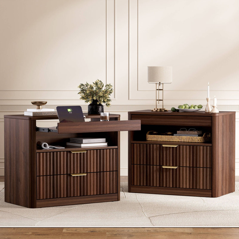 Table de chevet 27 po avec 2 tiroirs et tablette ouverte, table de chevet avec prises, table de bout avec 1 tablette coulissante, table de chevet pour chambre à coucher