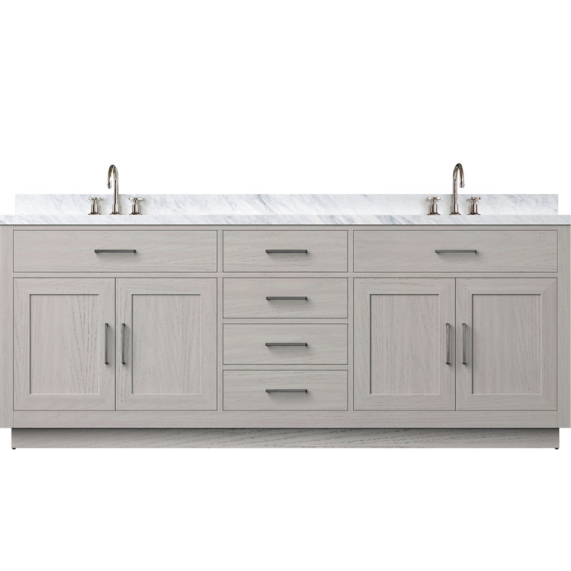 Meuble-lavabo double en chêne blanc, surface en marbre, robinet inclus et meuble-lavabo en bois massif à fermeture douce avec éléments de structure