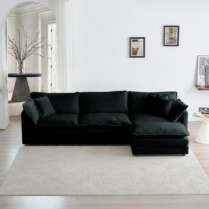 Canapé modulaire surdimensionné en L avec repose-pieds réversible en chenille noire, Chenille noir