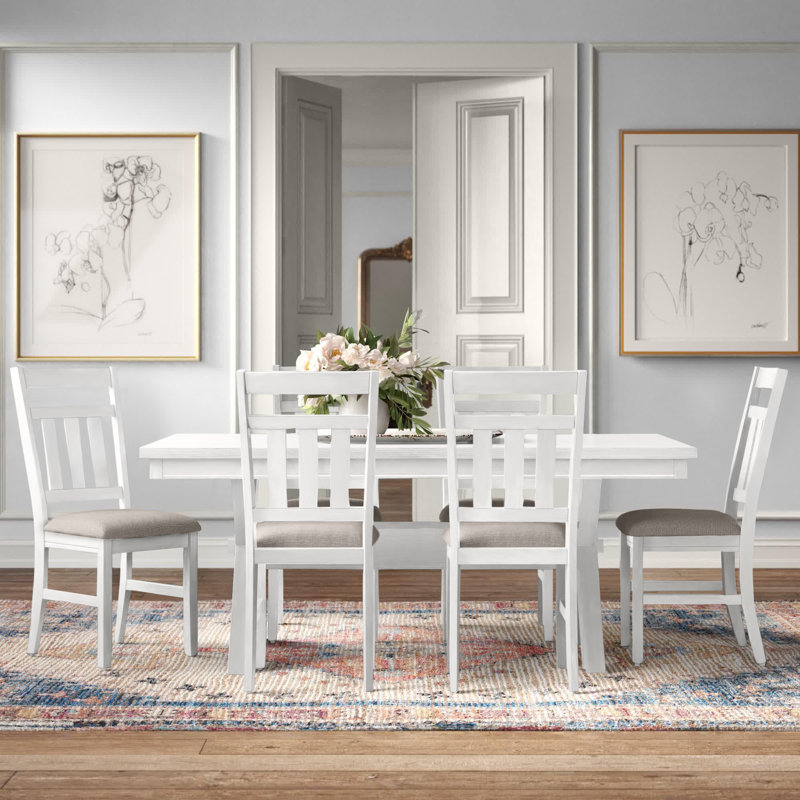 Asiel 7- Piece Wood and Upholstered Trestle Dining Set, Smokey White