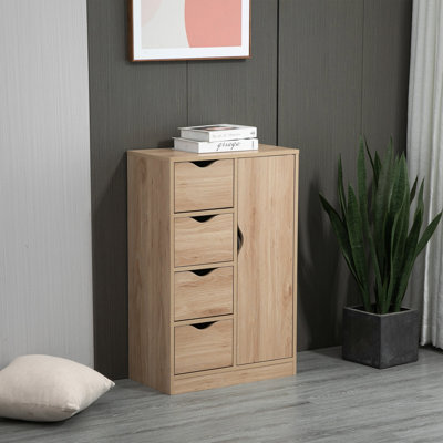 Armoire de rangement autoportante, armoire de plancher de salle de bain avec 4 tiroirs et porte, chêne