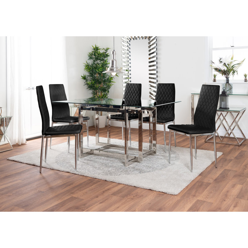 Chowchilla Minimalist Chrome And Glass Dining Table Set with 6 Quilted Faux Leather Chairs, Black