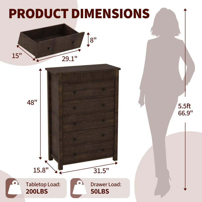 80 cm W Chest of 5 Drawers, Brown