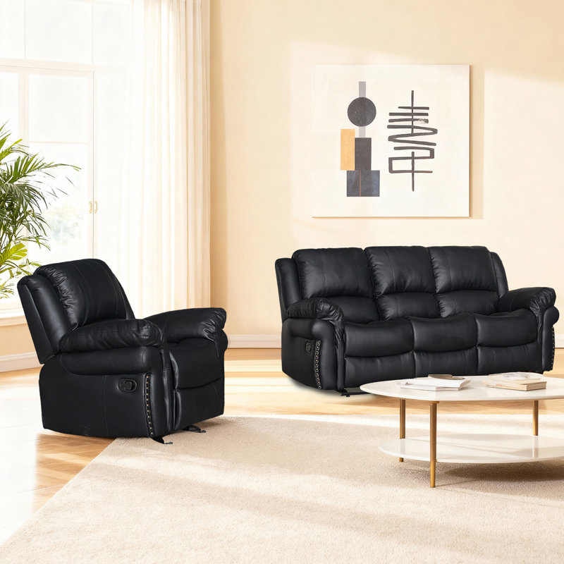 Ensemble de canapé inclinable manuel à 3 places avec table rabattable et porte-gobelets, fauteuil inclinable en similicuir, noir
