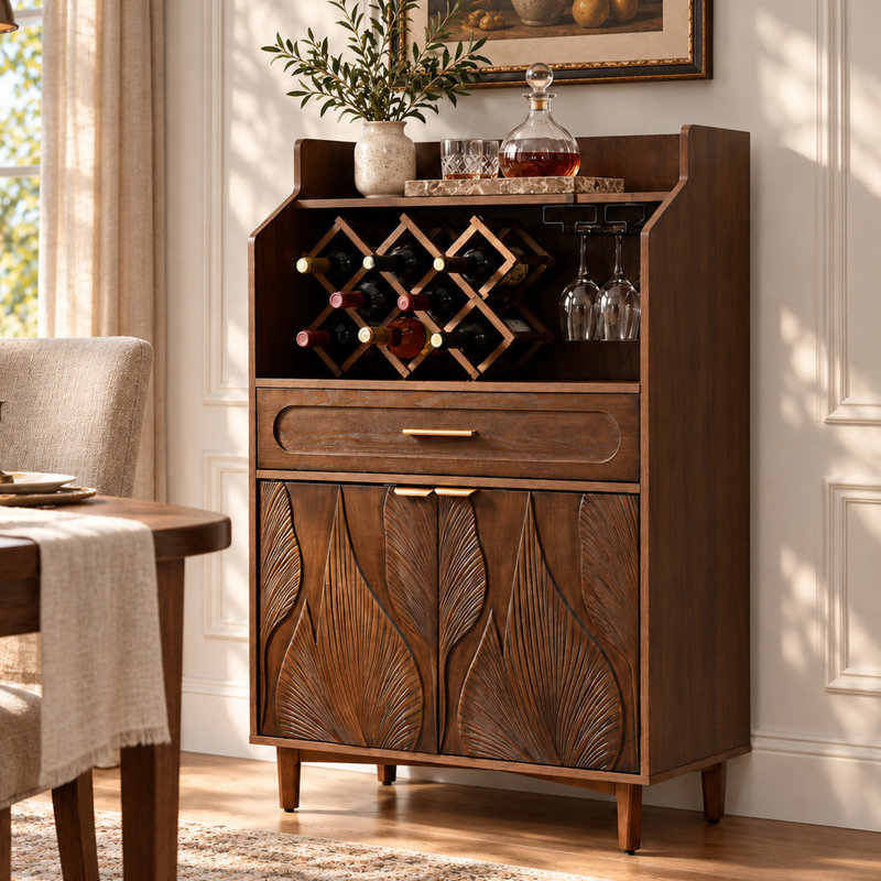 Ewyn 40" Sculpted Wine Cabinet With Removable Rack, Glass Holders, Drawer & Adjustable Shelf,Walnut,Carved Leaf Doors