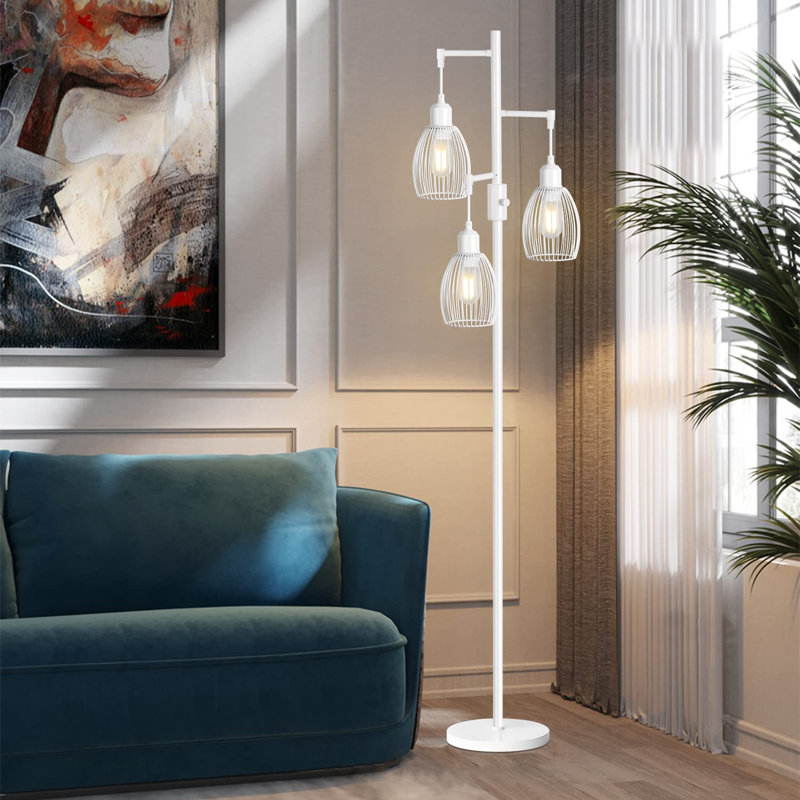 Élégante lampe sur pied rétro industrielle avec abat-jour cage, Blanc