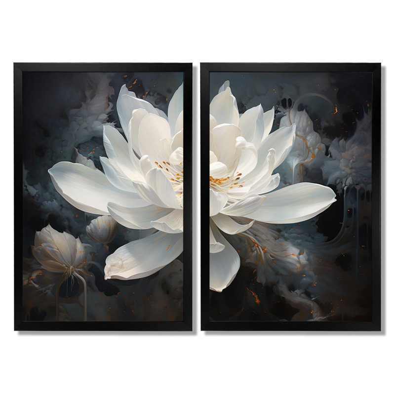 Serenity Blossum Lotus - lot de 2 décorations murales encadrées Lotus, H 32 po x l 32 po, Reproduction encadrée, Noir