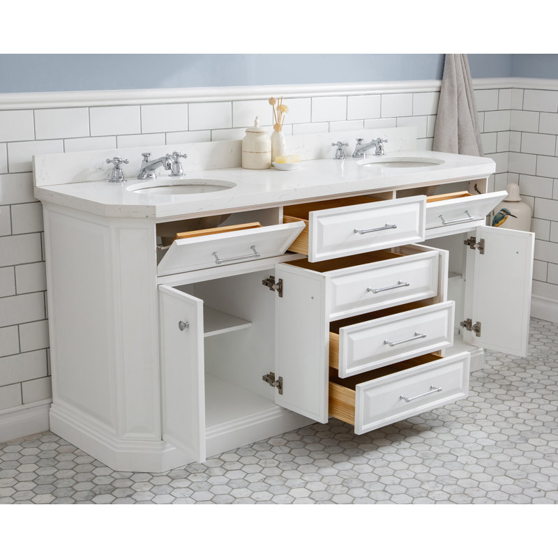 72" Palace Collection Quartz Carrara Cashmere Grey Bathroom Vanity Set With Hardware, Mirror in Chrome Finish, Pure White