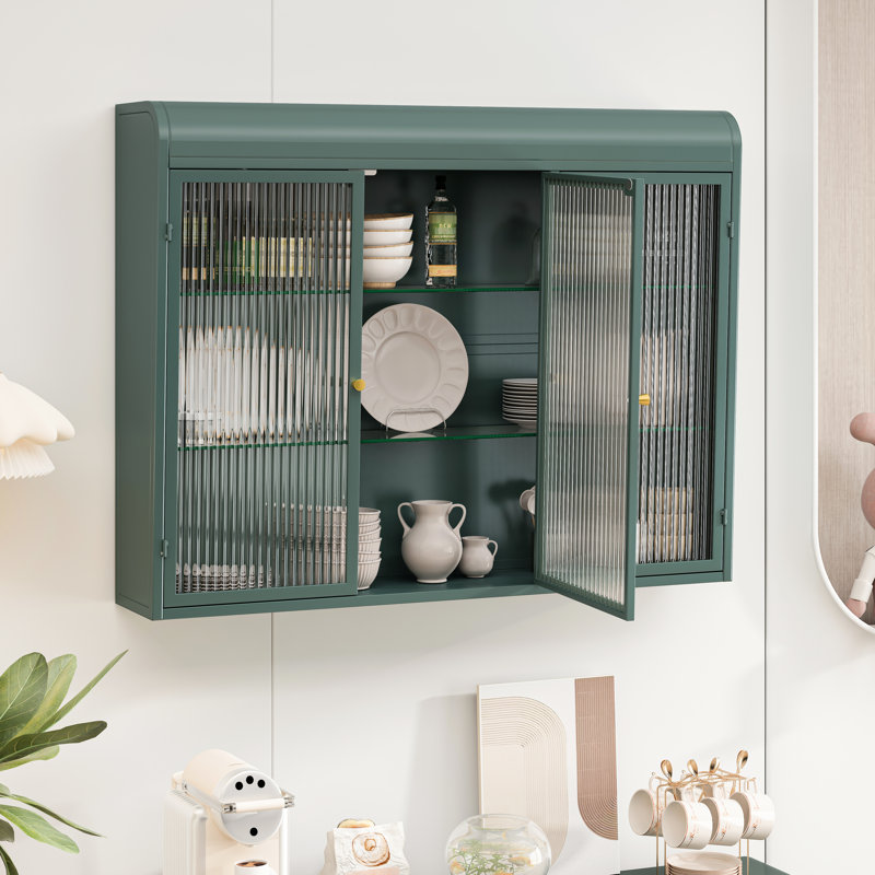 Dark Wall Mounted 3 Door Glass Cabinet. Elegant Home Decor Piece. Ample Storage Space. & Reliable. Easy Installation Process. Functional Stylish. For Kitchen, Living Room, Bathroom. 34.92In D, 7.98In