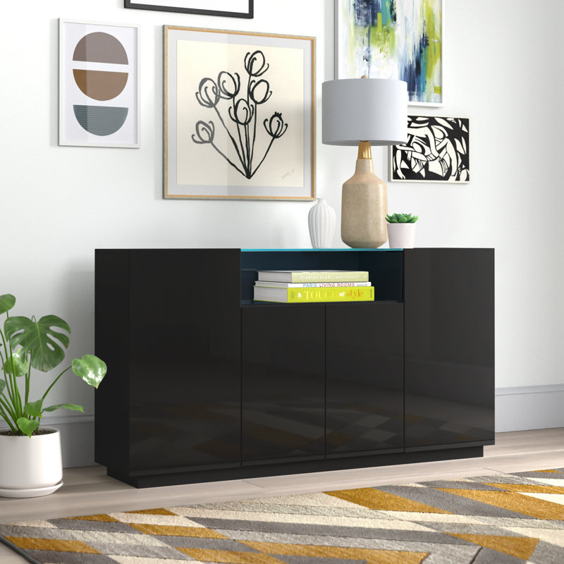 Buffet 7 po Ashvir avec éclairage DEL 16 couleurs, miroir, finition ultrabrillante, Noir