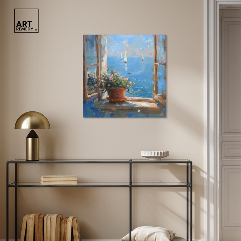 Coastal Window View Blue and Brown Canvas Landscape Art, 30" x 30"
