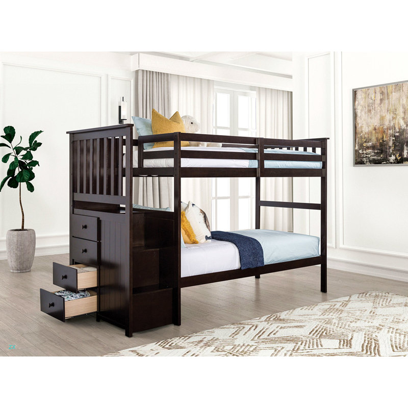 Lit superposé simple au-dessus d'un lit simple avec marches latérales avant de style transitionnel et 4 tiroirs de rangement sous le lit