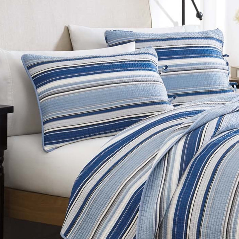 Tommy Bahama Palmiers Rectangle Cotton Bath Rug, Twin Quilt + 1 Standard Sham, Blue