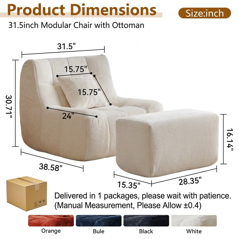 31.5" Bean Bag Lounge Chair With Ottoman, White