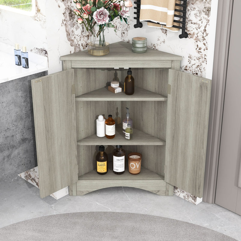 Freestanding Wooden Corner Bathroom Storage Cabinet with Door and Adjustable Shelves, Oak