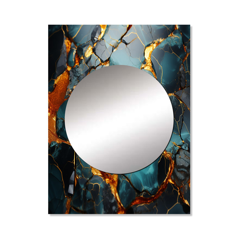 Girate or et topaze verte agate granit VI - miroir abstrait, miroir mural décoratif moderne, impression d'art en métal